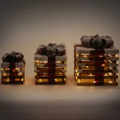 LED Geschenkbox Weihnachtsdeko 3er Set Braun aus Holz batteriebetrieben mit Timer