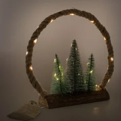 LED Jute Kreis 34x30x7.5 cm aus Seil mit 30 warmweißen LEDs 3 Tannen Jutesäckchen Batterien Timer