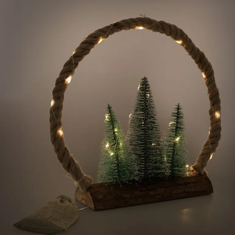 LED Jute Kreis 34x30x7.5 cm aus Seil mit 30 warmweißen LEDs 3 Tannen Jutesäckchen Batterien Timer
