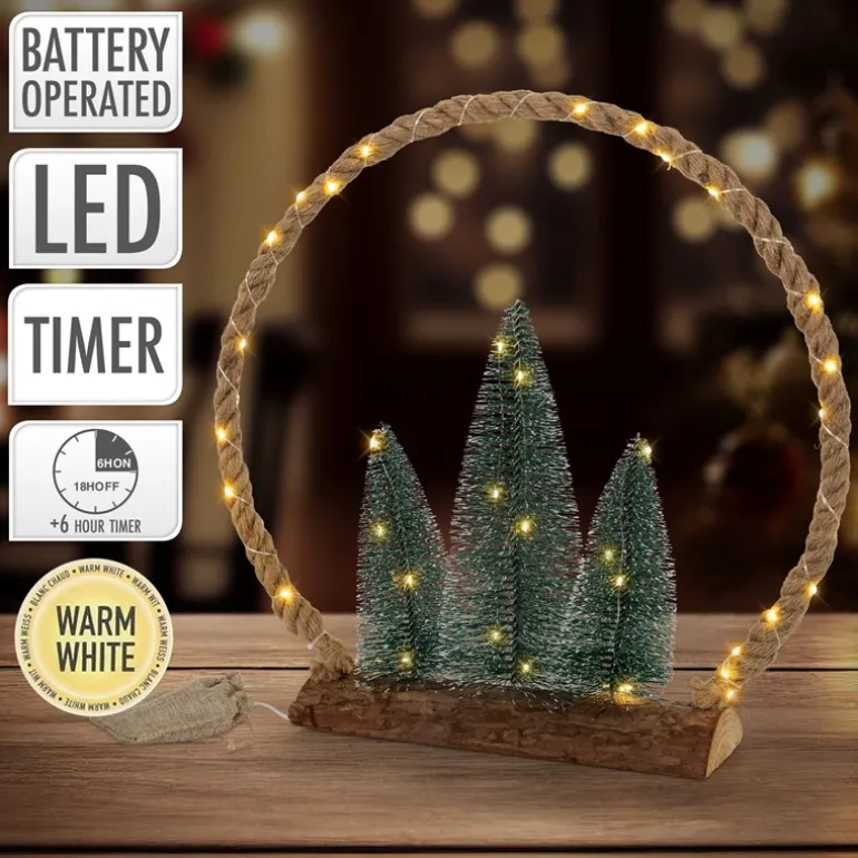 LED Jute Kreis 45x45x9,5 cm aus Seil mit 45 warmweißen LEDs 3 Tannen Jutesäckchen Batterien Timer
