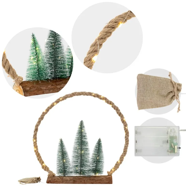 LED Jute Kreis 45x45x9,5 cm aus Seil mit 45 warmweißen LEDs 3 Tannen Jutesäckchen Batterien Timer