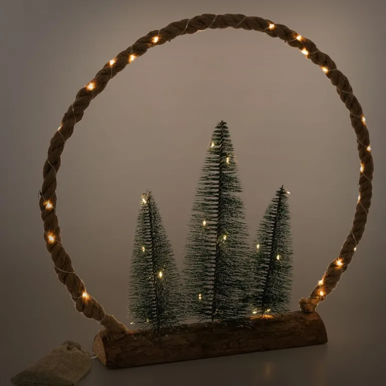 LED Jute Kreis 45x45x9,5 cm aus Seil mit 45 warmweißen LEDs 3 Tannen Jutesäckchen Batterien Timer