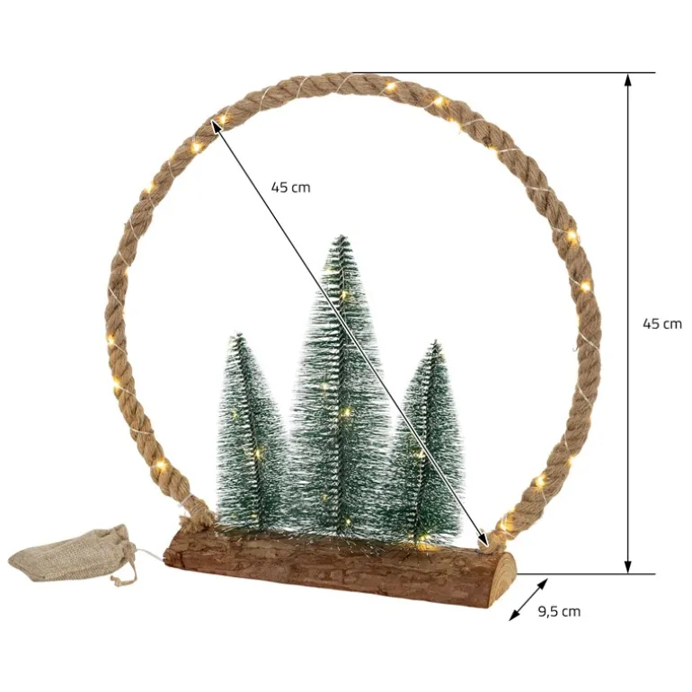 LED Jute Kreis 45x45x9,5 cm aus Seil mit 45 warmweißen LEDs 3 Tannen Jutesäckchen Batterien Timer