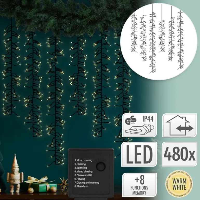 LED Lichtervorhang mit 8 Leuchtmodis 1m mit 480 warmweißen LEDs IP44 Steckdose