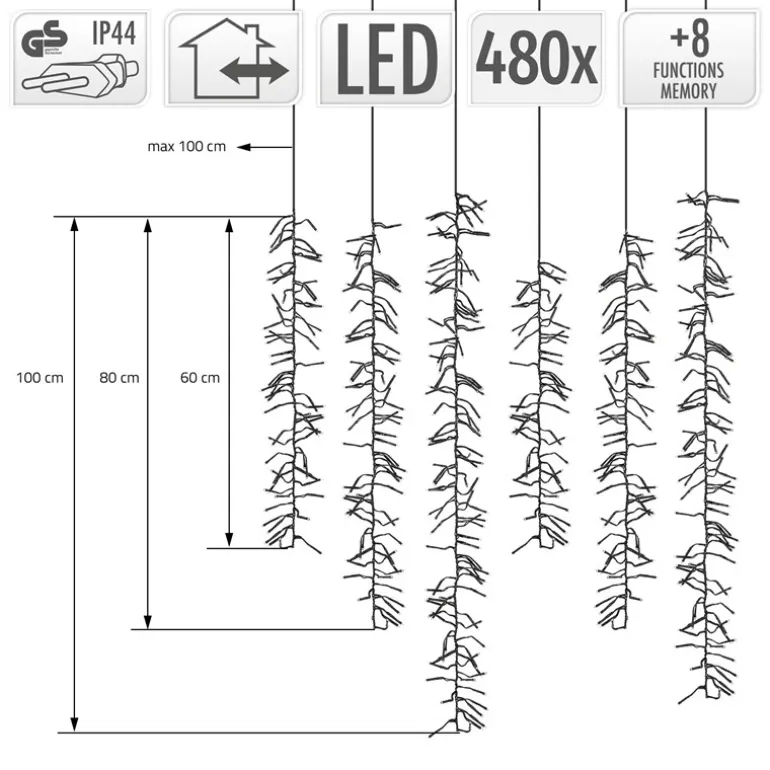 LED Lichtervorhang mit 8 Leuchtmodis 1m mit 480 warmweißen LEDs IP44 Steckdose