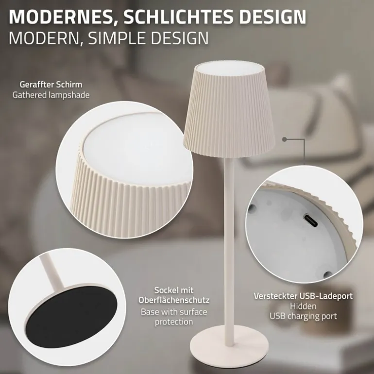 LED Tischlampe kabellos mit Touch, Creme, Ø10x36 cm, Akku Tischleuchte USB-C ML-Design