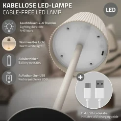 LED Tischlampe kabellos mit Touch, Creme, Ø10x36 cm, Akku Tischleuchte USB-C ML-Design