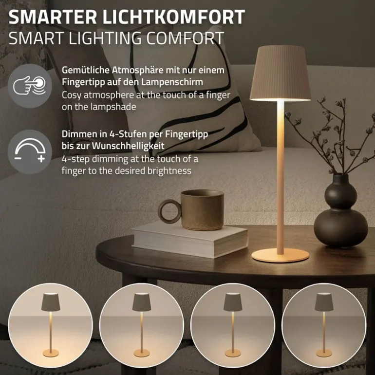 LED Tischlampe kabellos mit Touch, Creme, Ø10x36 cm, Akku Tischleuchte USB-C ML-Design