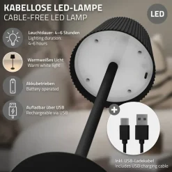 LED Tischlampe kabellos mit Touch, Schwarz, Ø10x36 cm, Akku Tischleuchte USB-C ML-Design