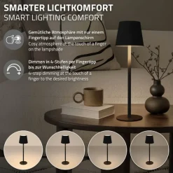 LED Tischlampe kabellos mit Touch, Schwarz, Ø10x36 cm, Akku Tischleuchte USB-C ML-Design