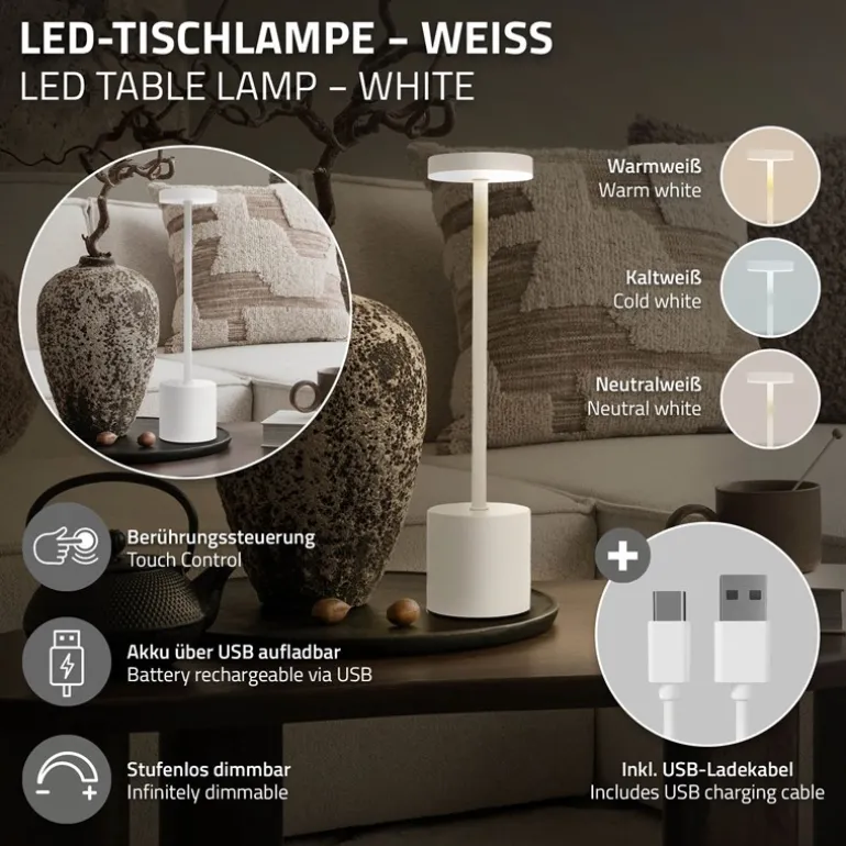 LED Tischlampe kabellos mit Touch, Weiß Ø8x34,5cm Akku Tischleuchte USB-C ML-Design