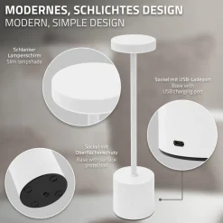 LED Tischlampe kabellos mit Touch, Weiß Ø8x34,5cm Akku Tischleuchte USB-C ML-Design