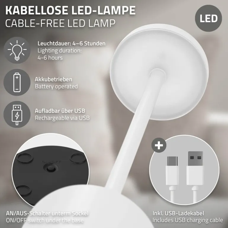 LED Tischlampe kabellos mit Touch, Weiß Ø8x34,5cm Akku Tischleuchte USB-C ML-Design