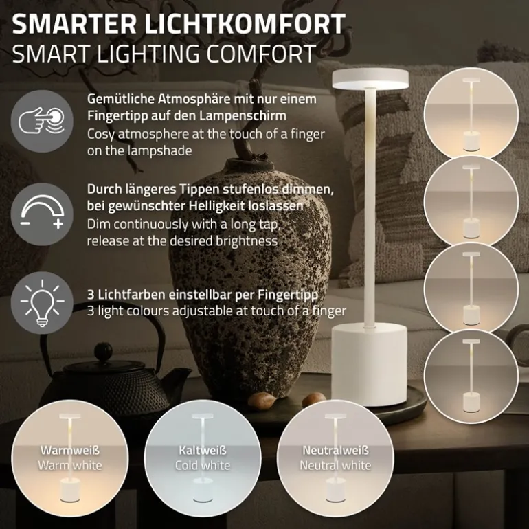 LED Tischlampe kabellos mit Touch, Weiß Ø8x34,5cm Akku Tischleuchte USB-C ML-Design