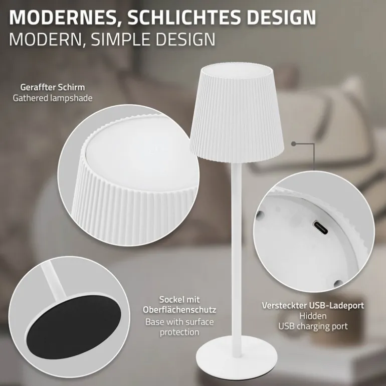 LED Tischlampe kabellos mit Touch, Weiß, Ø10x36 cm, Akku Tischleuchte USB-C ML-Design