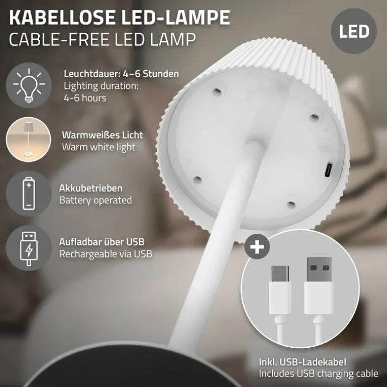 LED Tischlampe kabellos mit Touch, Weiß, Ø10x36 cm, Akku Tischleuchte USB-C ML-Design