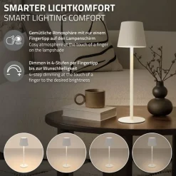 LED Tischlampe kabellos mit Touch, Weiß, Ø10x36 cm, Akku Tischleuchte USB-C ML-Design
