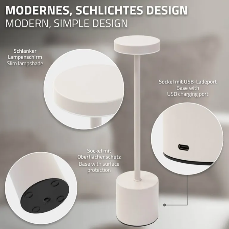 LED Tischlampe kabellos mit Touch, Creme Ø8x34,5cm Akku Tischleuchte USB-C ML-Design