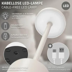 LED Tischlampe kabellos mit Touch, Creme Ø8x34,5cm Akku Tischleuchte USB-C ML-Design