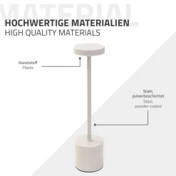 LED Tischlampe kabellos mit Touch, Creme Ø8x34,5cm Akku Tischleuchte USB-C ML-Design
