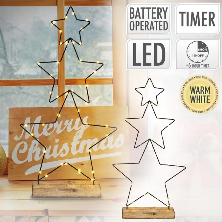 LED Weihnachtssternturm aus 3 Sternen 57 cm Schwarz aus Metall mit 40 warmweißen LEDs Batteriebetrieb