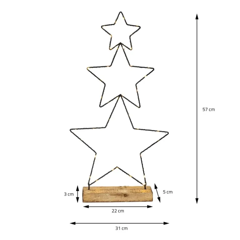 LED Weihnachtssternturm aus 3 Sternen 57 cm Schwarz aus Metall mit 40 warmweißen LEDs Batteriebetrieb