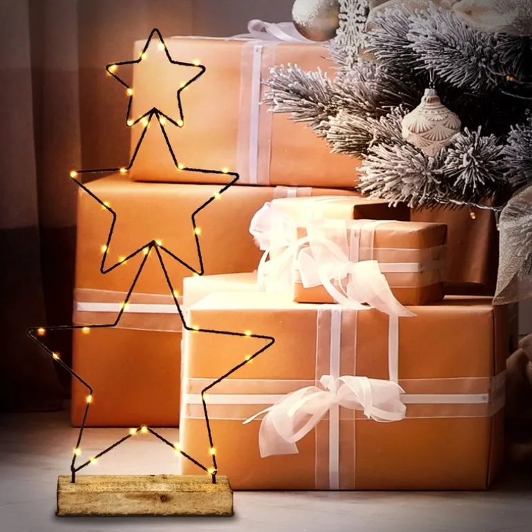 LED Weihnachtssternturm aus 3 Sternen 57 cm Schwarz aus Metall mit 40 warmweißen LEDs Batteriebetrieb
