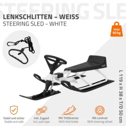 Lenkschlitten für Kinder Weiß ab 5 Jahre bis 90kg Sitz mit Rückenlehne