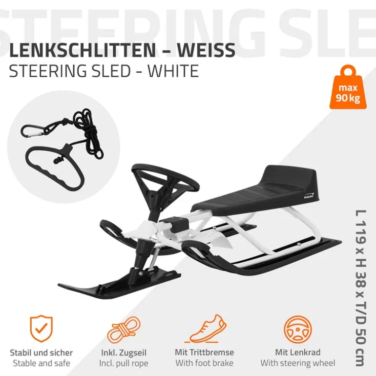 Lenkschlitten für Kinder Weiß ab 5 Jahre bis 90kg Sitz mit Rückenlehne