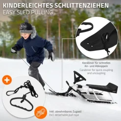 Lenkschlitten für Kinder Weiß ab 5 Jahre bis 90kg Sitz mit Rückenlehne