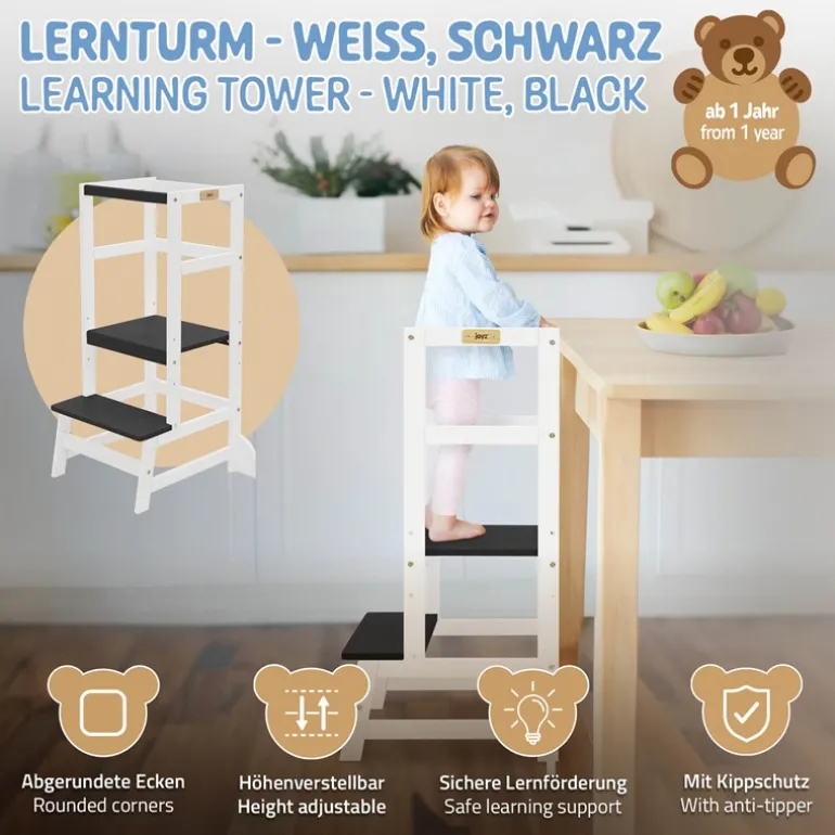 Lernturm für Kinder ab 1 Jahr weiß/schwarz mit höhenverstellbarer Plattform aus Holz von Joyz