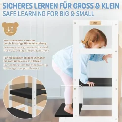 Lernturm für Kinder ab 1 Jahr weiß/schwarz mit höhenverstellbarer Plattform aus Holz von Joyz