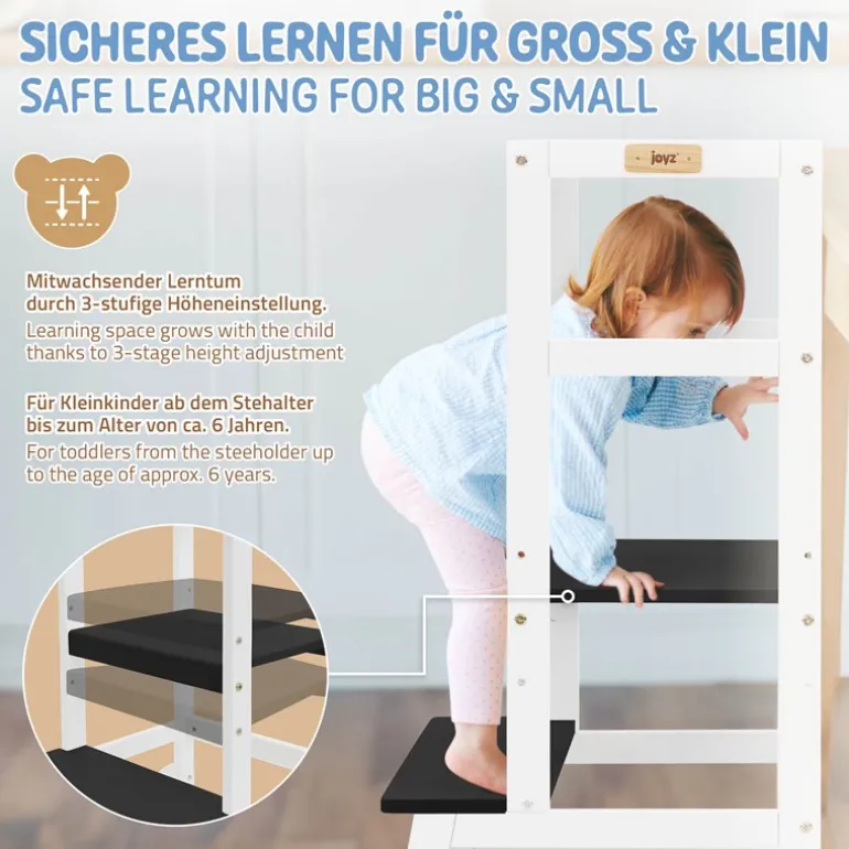 Lernturm für Kinder ab 1 Jahr weiß/schwarz mit höhenverstellbarer Plattform aus Holz von Joyz