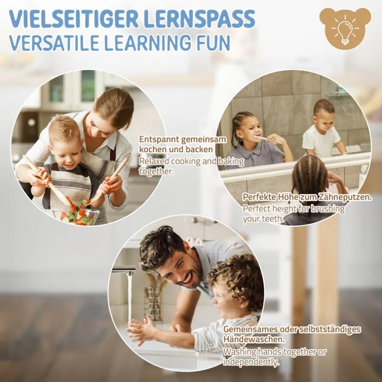 Lernturm für Kinder ab 1 Jahr weiß/schwarz mit höhenverstellbarer Plattform aus Holz von Joyz