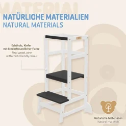 Lernturm für Kinder ab 1 Jahr weiß/schwarz mit höhenverstellbarer Plattform aus Holz von Joyz