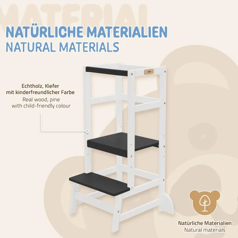 Lernturm für Kinder ab 1 Jahr weiß/schwarz mit höhenverstellbarer Plattform aus Holz von Joyz