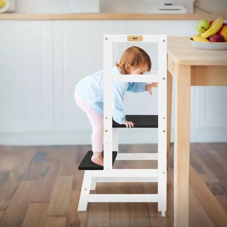 Lernturm für Kinder ab 1 Jahr weiß/schwarz mit höhenverstellbarer Plattform aus Holz von Joyz