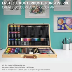 Malkoffer aus Holz 109-Teilig mit Kreiden, Buntstiften und Wasserfarben inklusive Zubehör