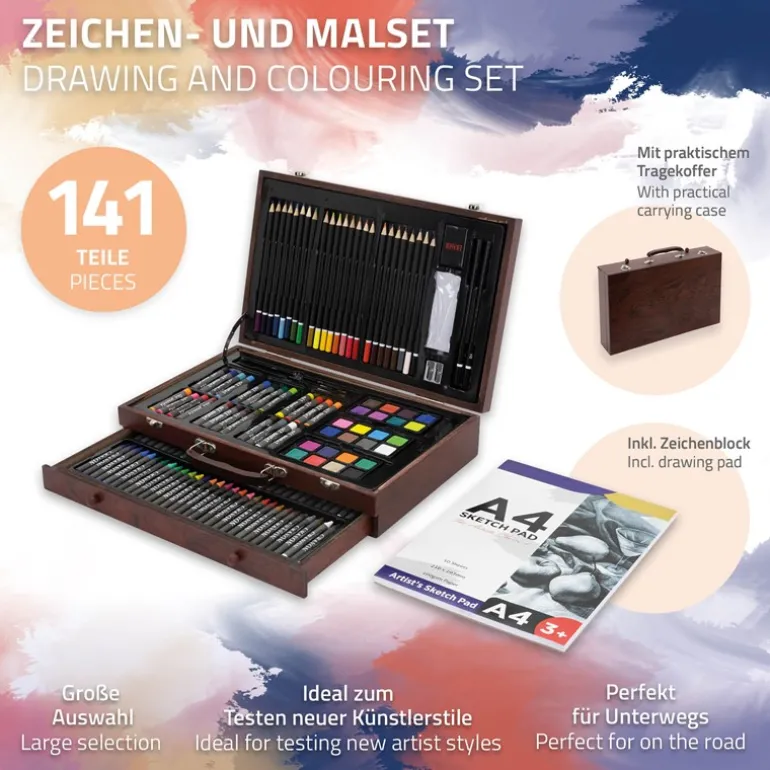 Malkoffer aus Holz 141-Teilig mit Buntstiften, Ölpastellkreide, Aquarellfarben