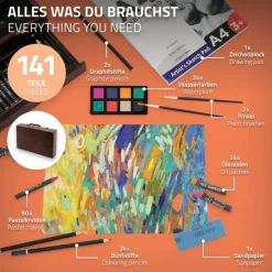 Malkoffer aus Holz 141-Teilig mit Buntstiften, Ölpastellkreide, Aquarellfarben