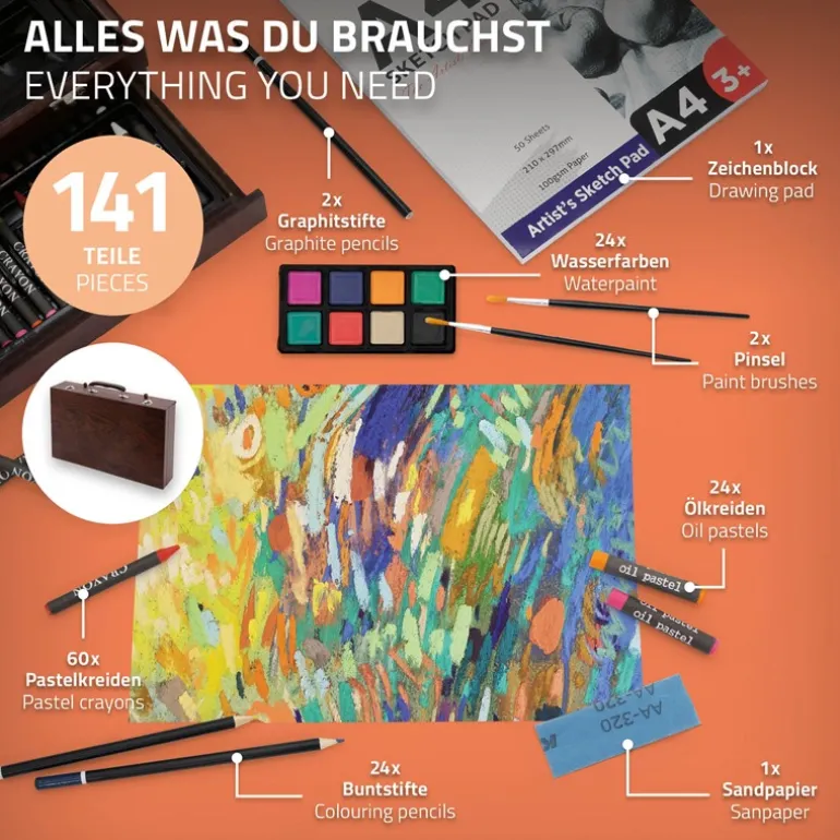 Malkoffer aus Holz 141-Teilig mit Buntstiften, Ölpastellkreide, Aquarellfarben