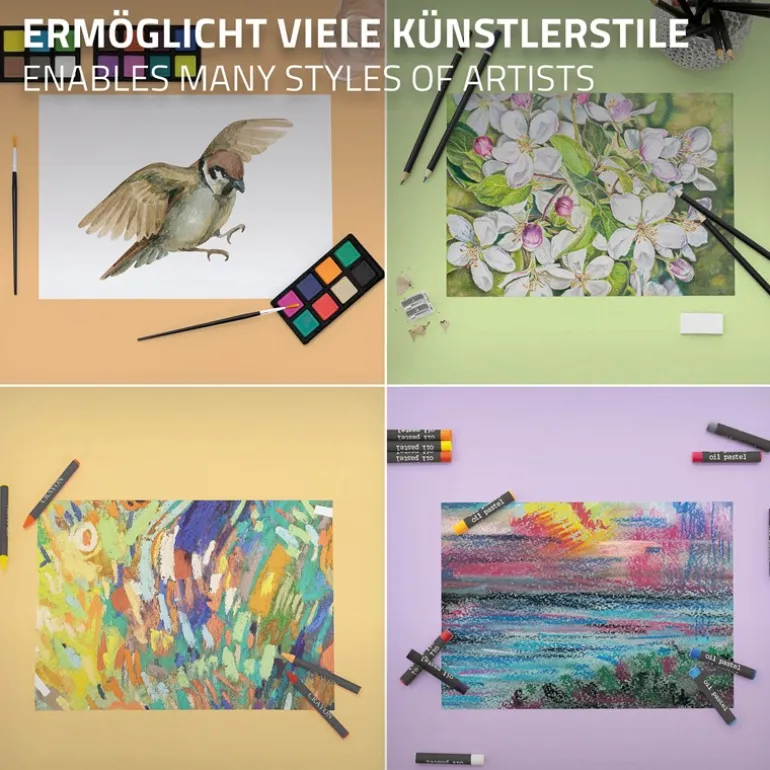 Malkoffer aus Holz 141-Teilig mit Buntstiften, Ölpastellkreide, Aquarellfarben