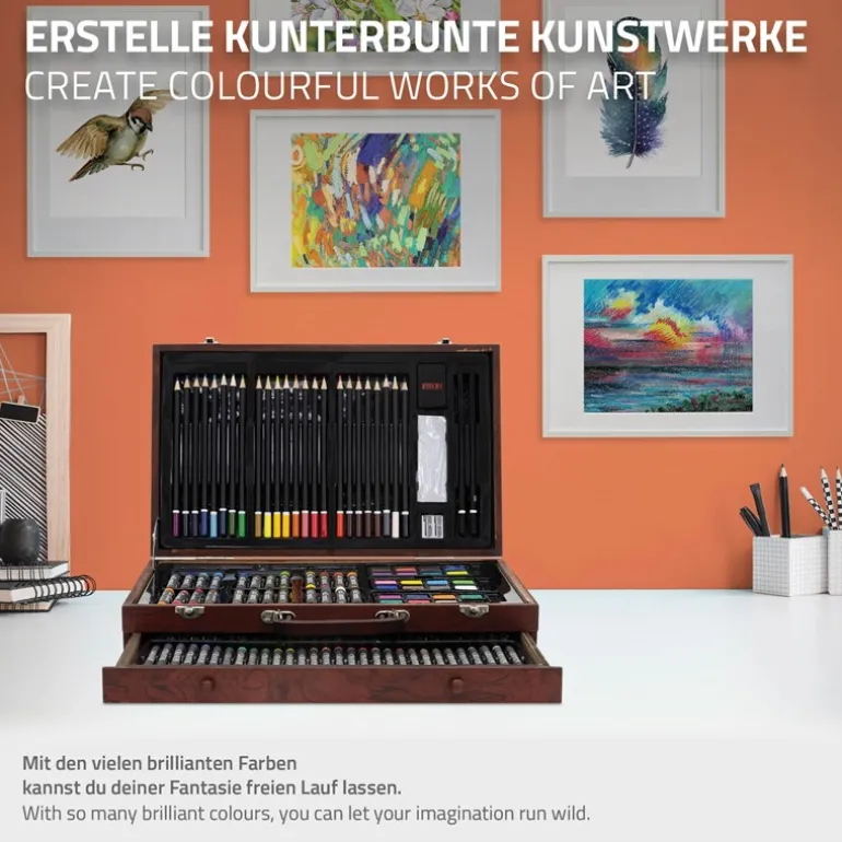 Malkoffer aus Holz 141-Teilig mit Buntstiften, Ölpastellkreide, Aquarellfarben
