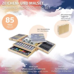 Malkoffer aus Holz 85-Teilig mit Pinseln, Bleistiften, Acrylfarben und Skizzierblöcken