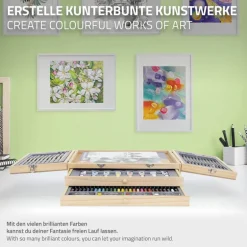 Malkoffer aus Holz 85-Teilig mit Pinseln, Bleistiften, Acrylfarben und Skizzierblöcken