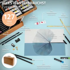 Malset 127-Teilig im Holzkoffer mit Farbtuben und verschiedenen Farbstiften für Groß und Klein