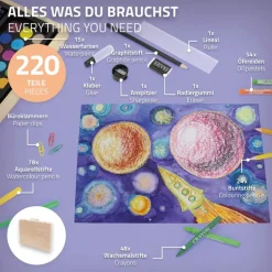 Malset 220-Teilig im Holzkoffer mit Filzstiften, Wachsmalstiften, Ölpastellkreide, Buntstiften und Wasserfarben