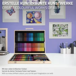 Malset 220-Teilig im Holzkoffer mit Filzstiften, Wachsmalstiften, Ölpastellkreide, Buntstiften und Wasserfarben