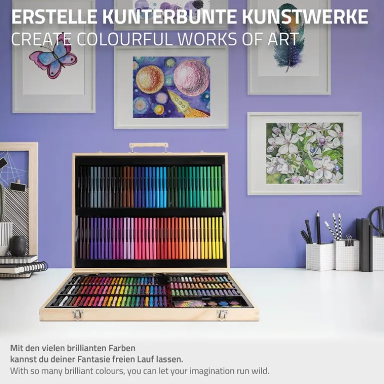 Malset 220-Teilig im Holzkoffer mit Filzstiften, Wachsmalstiften, Ölpastellkreide, Buntstiften und Wasserfarben