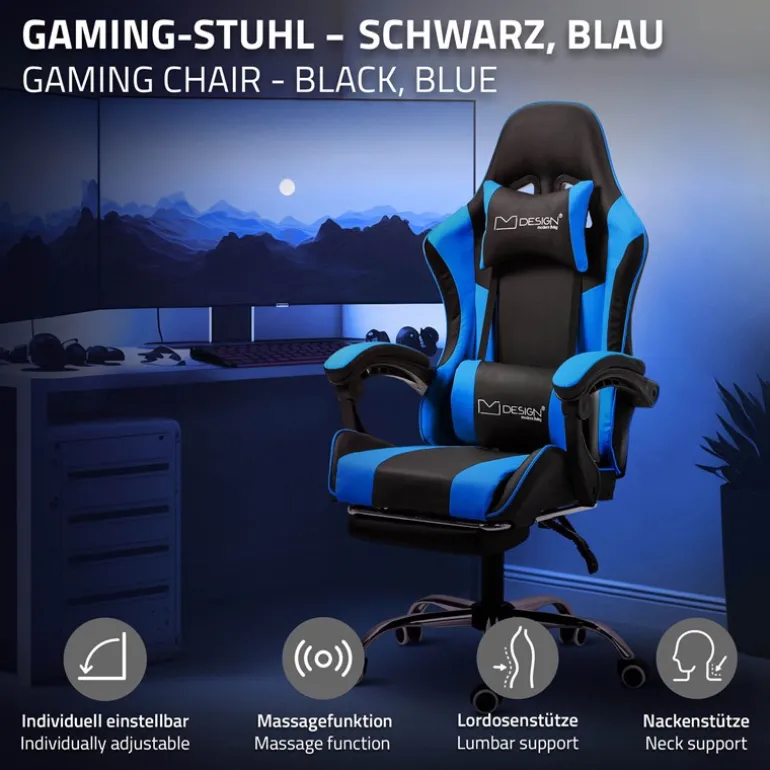 Massage Gaming Stuhl Schwarz/Blau aus PU-Leder ML-Design